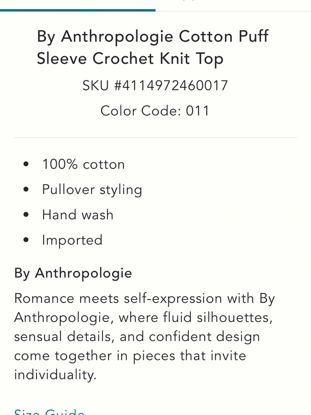 Anthropologie Cotton Puff Sleeve Crochet Knit Top Ivory Small