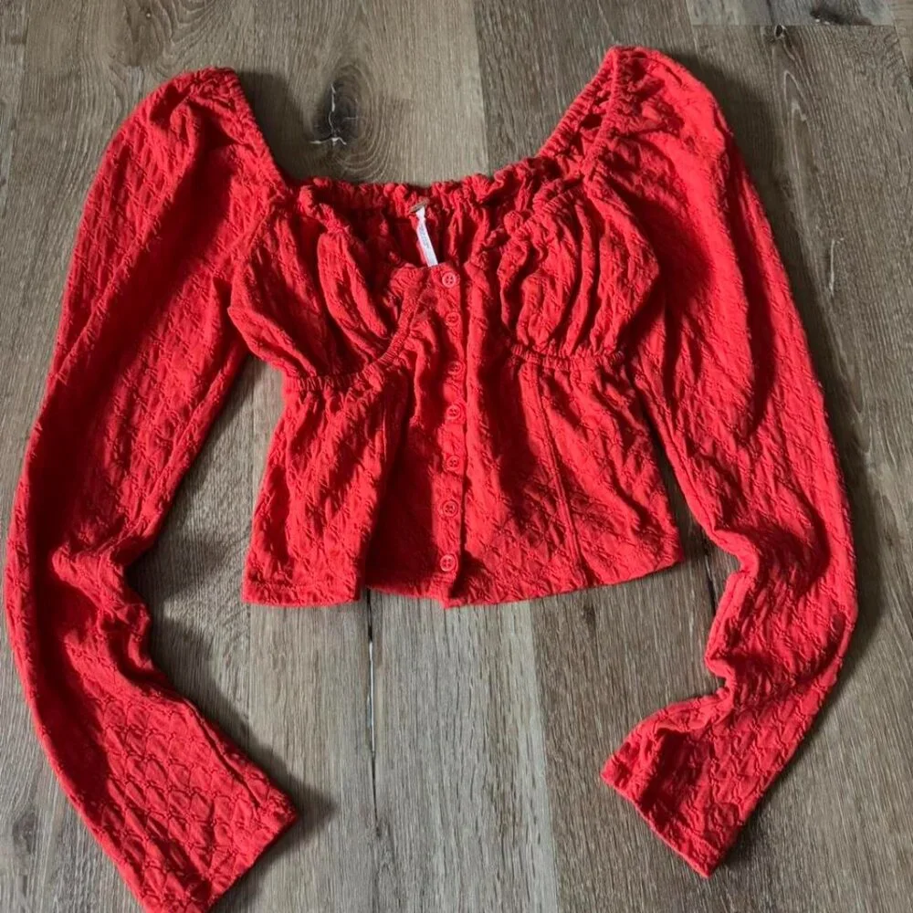 Free People Red Ladybug Long Sleeve Top Size M‎