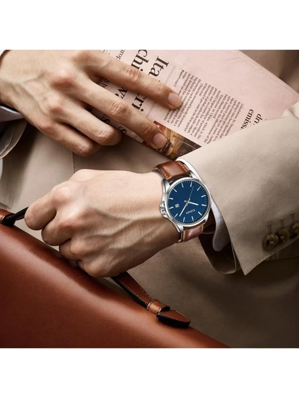 Men's Blue Brown Analog Quartz Minimalist Leather Strap Classic Waterproof Watch