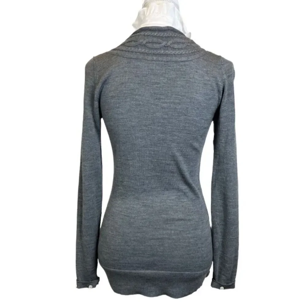 Tory Burch Wool V-Neck Charcoal Sweater With Removable White Ruffle Dickey Small