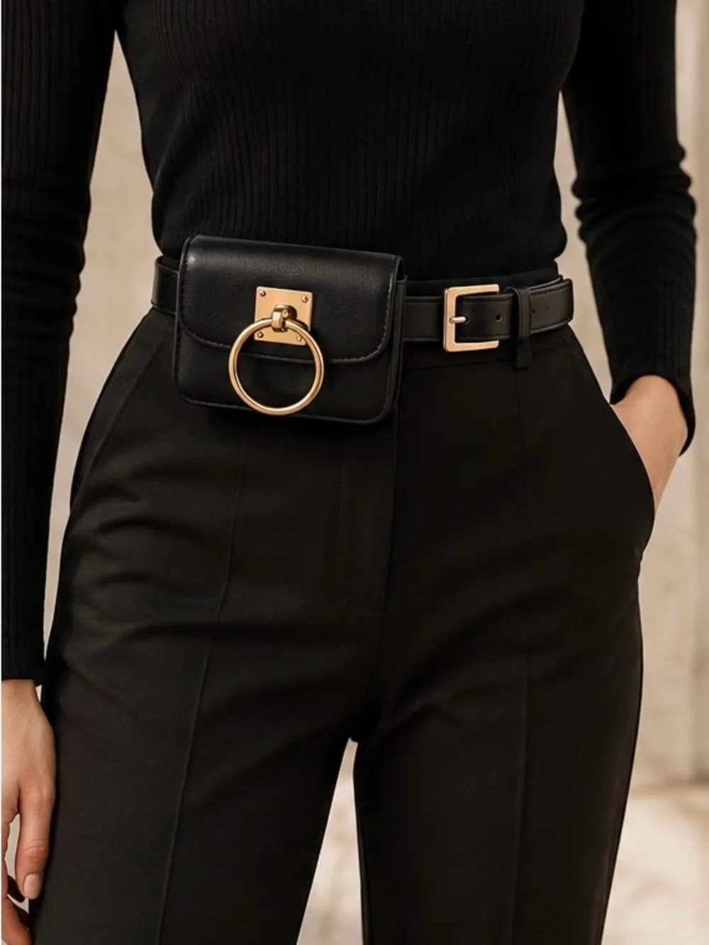 Modern Black Belt Bag with Gold Ring Hardware