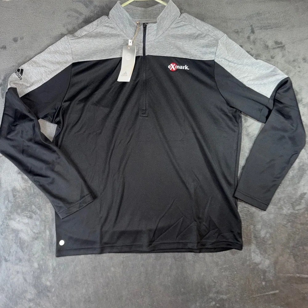 NWT Mens Large Adidas 1/4 Zip Pullover Black Grey New Exmark Logo Performance