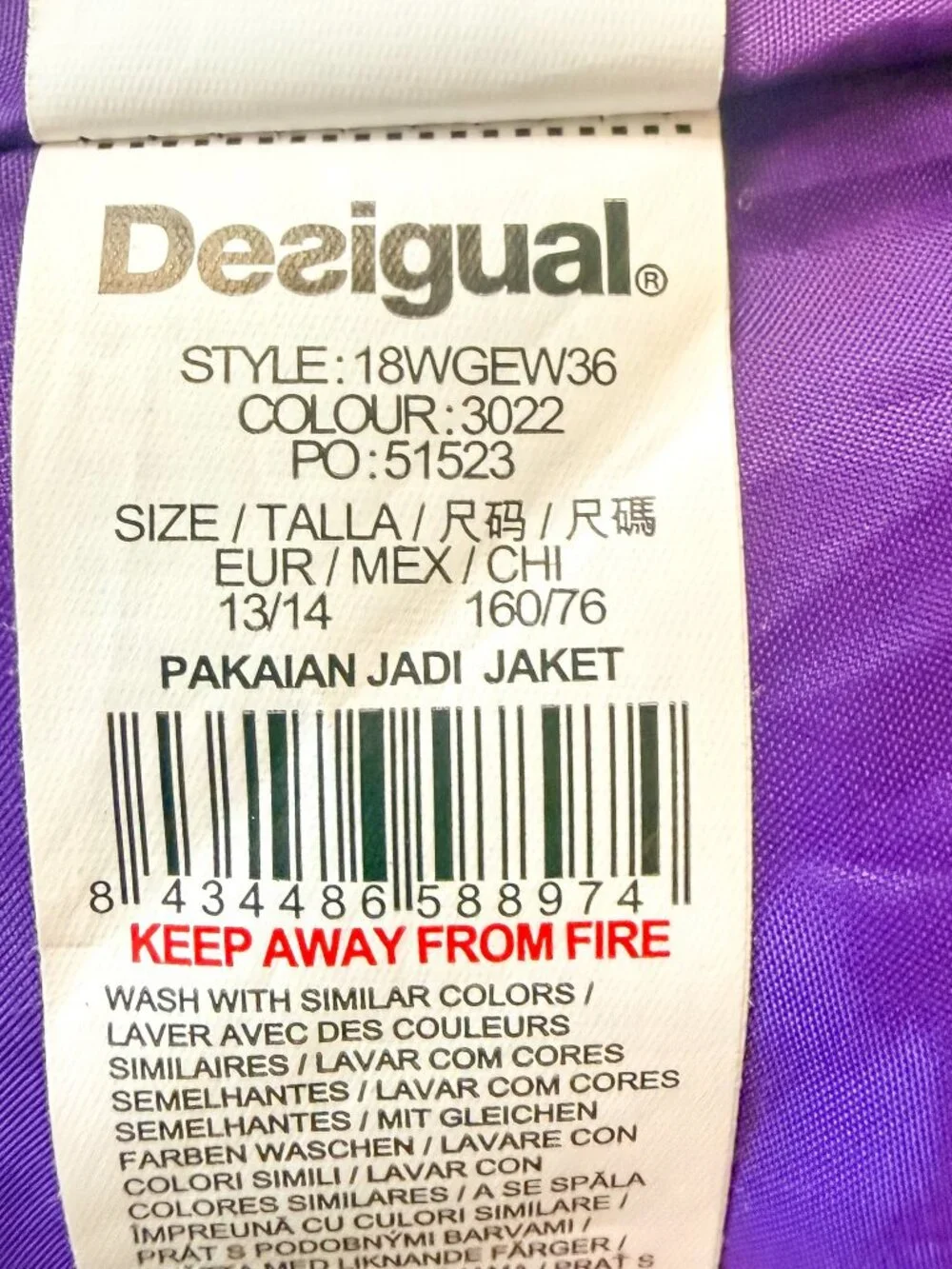 Desigual  'Hume' Ombre Quilted Puffer Coat Kids Girls 13/14 Velvet Flocked Belt