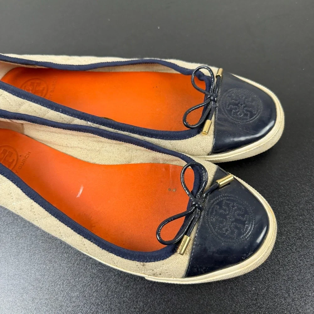 Tory Burch Ballet Flats Women's 10B Beige Blue Cap Toe Slip-On Career Casual