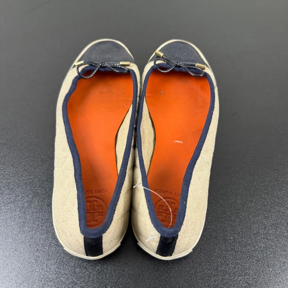 Tory Burch Ballet Flats Women's 10B Beige Blue Cap Toe Slip-On Career Casual