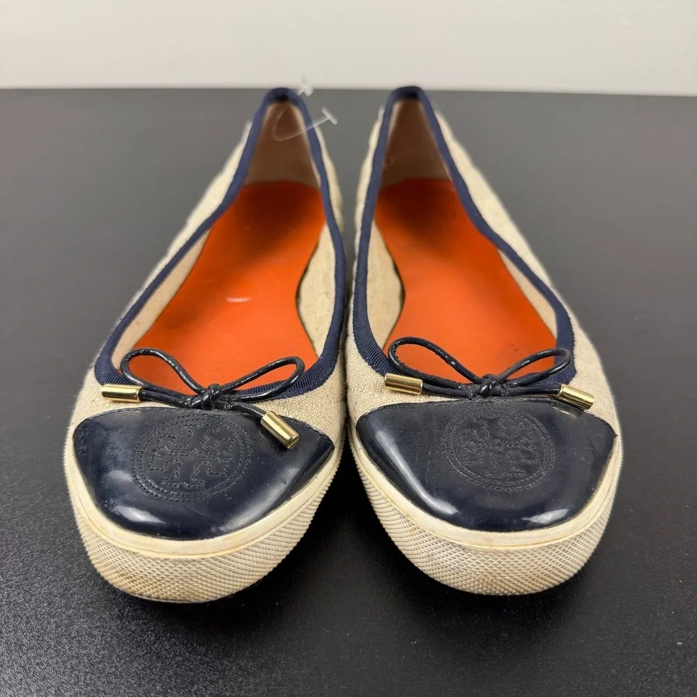 Tory Burch Ballet Flats Women's 10B Beige Blue Cap Toe Slip-On Career Casual