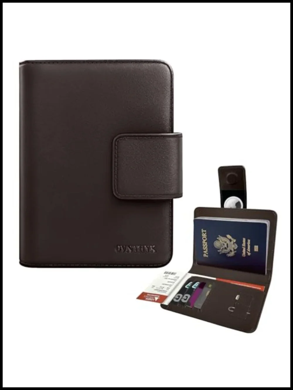 Full-Grain Leather Passport Holder with Hidden AirTag Slot RFID Blocking Travel