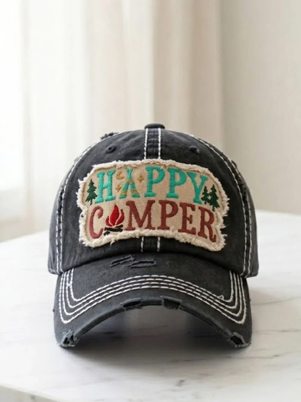 Ladies Black Happy Camper Baseball Hat