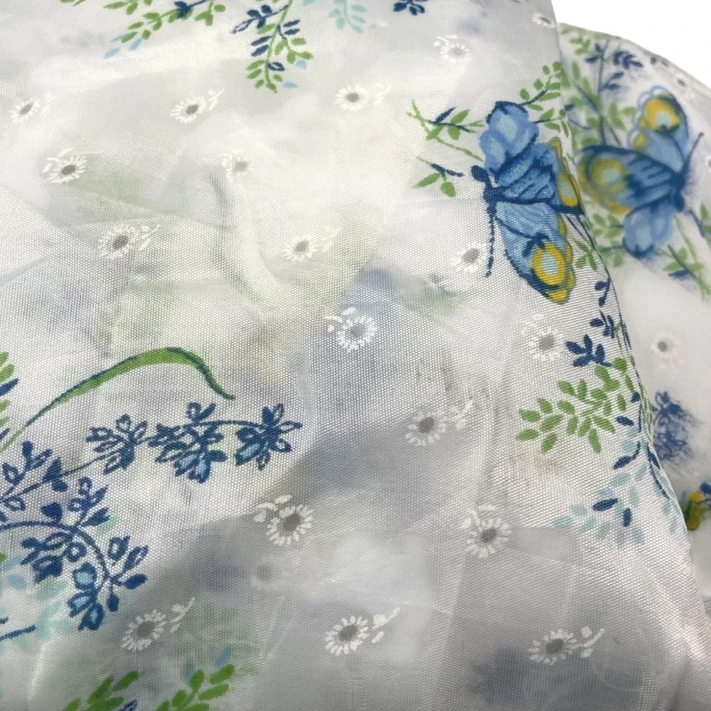 7 Yards White Blue Butterfly Floral Eyelet Sheer Fabric Panels Cottagecore DIY‎