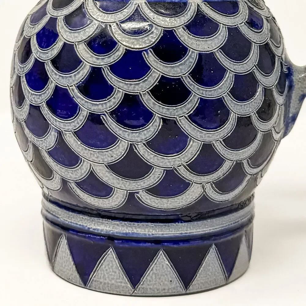 Erphila France Blue Stoneware Pitcher Jug Relief Pottery Mid Century Vintage