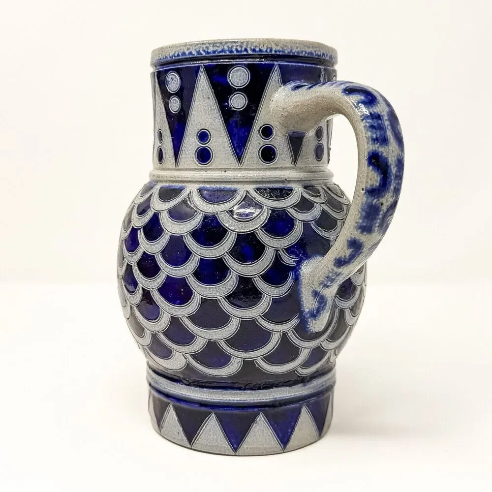 Erphila France Blue Stoneware Pitcher Jug Relief Pottery Mid Century Vintage