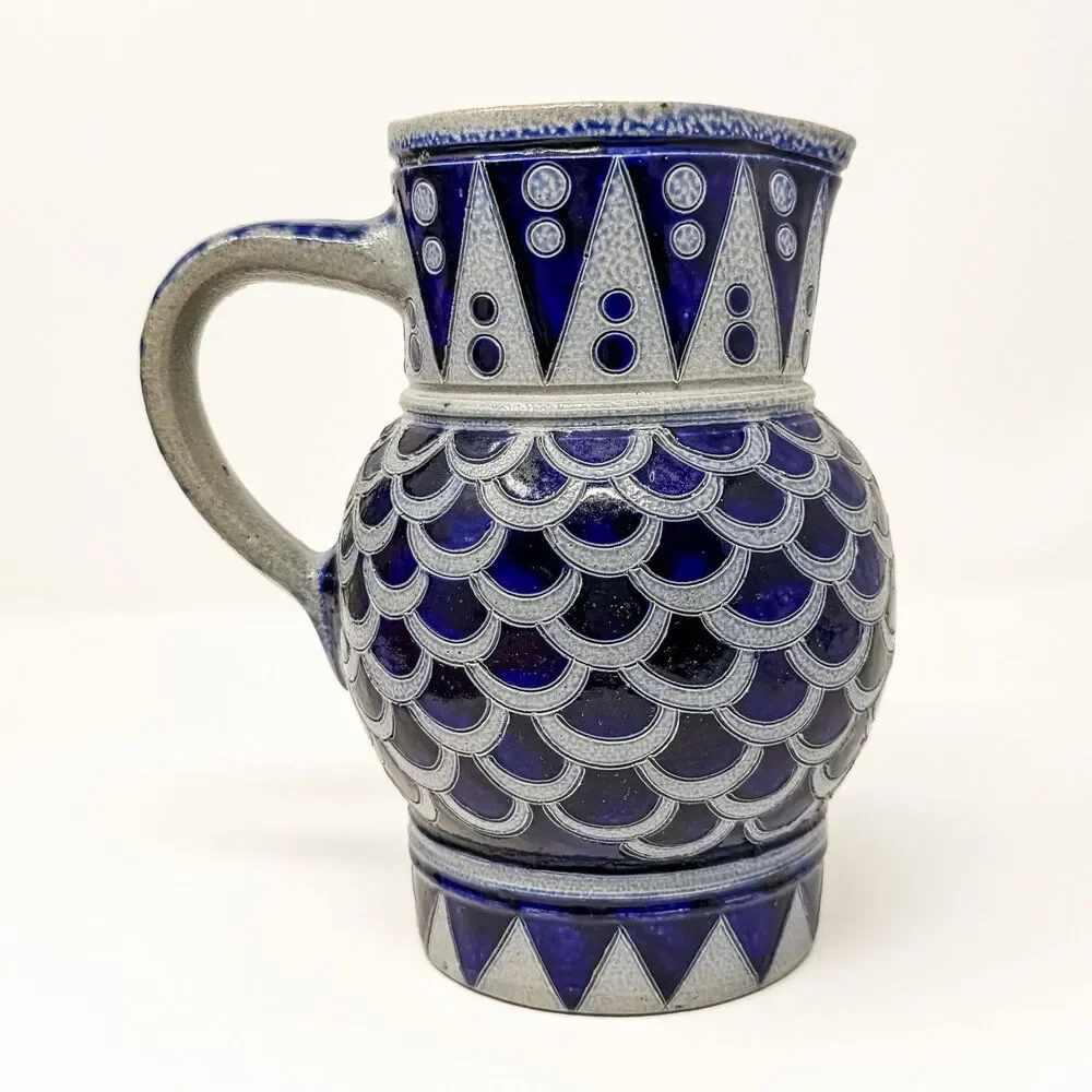 Erphila France Blue Stoneware Pitcher Jug Relief Pottery Mid Century Vintage