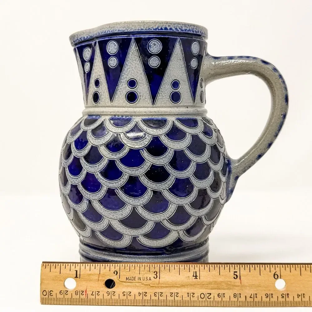 Erphila France Blue Stoneware Pitcher Jug Relief Pottery Mid Century Vintage