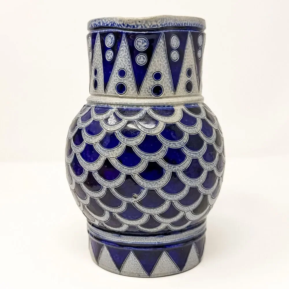 Erphila France Blue Stoneware Pitcher Jug Relief Pottery Mid Century Vintage