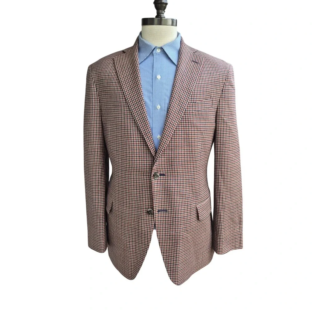 Jos. A. Bank 1905 Sport Coat‎ Mens 42R Wool Houndstooth Blazer Burgundy Tan Navy