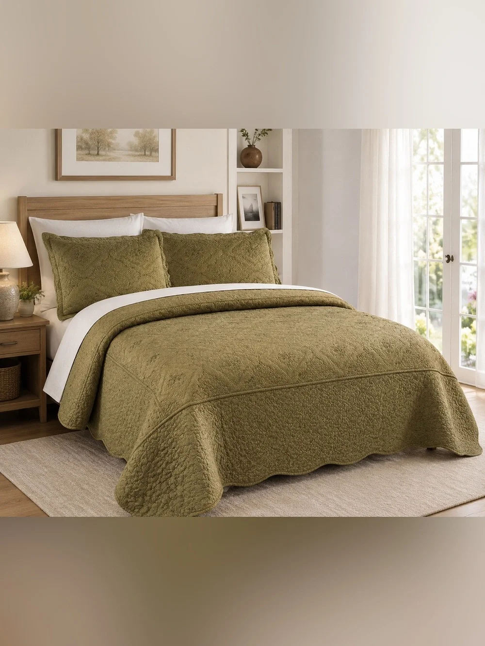 Olive Green king Quilted Bedspread Set - 3-Piece