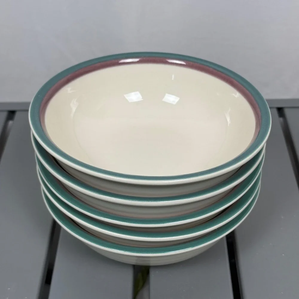 Set of 5x Vintage Stoneware Cereal Soup Bowls Teal Mauve Banded Cream 6.25