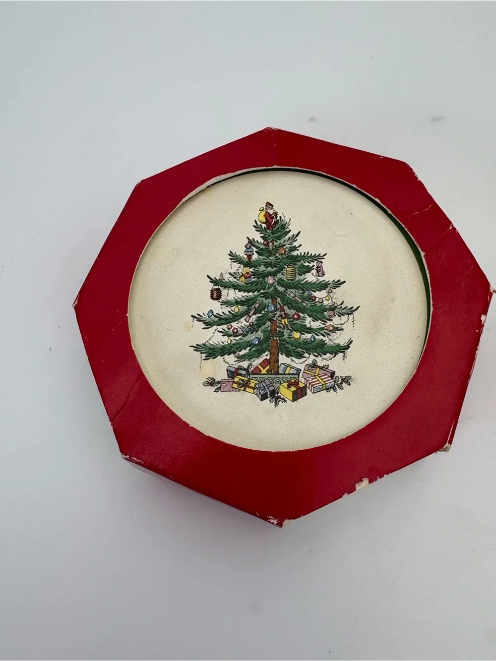 Vintage Spode Red and Green Christmas Tree Decorative Ceramic Coasters - Four