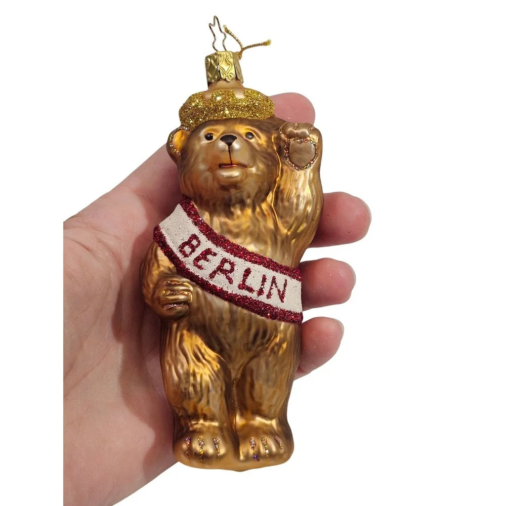 Inge-Glas Berlin Bear Glass Christmas Ornament Gold Glitter Sash Germany NEW