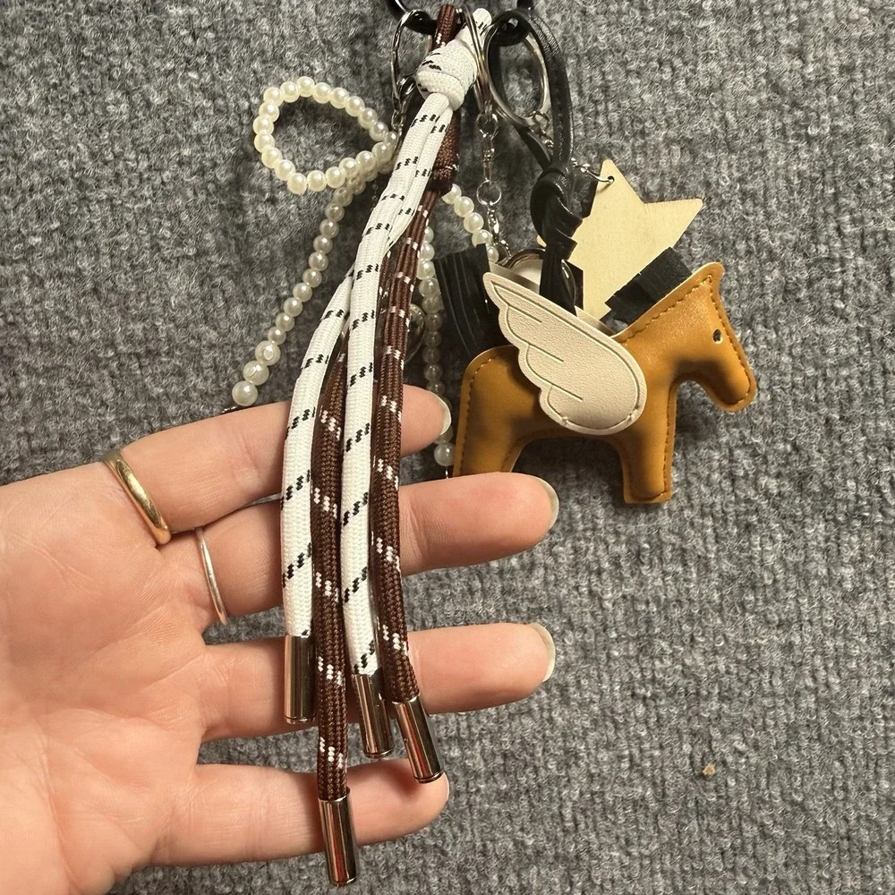 Designer Inspired Pegasus Horse Bag Charm Keychain Faux Pearl Bow Star Tassel