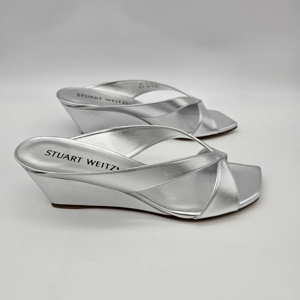 Stuart Weitzman‎ Womens Miami 50 Wedge Slide Sandals Metallic Silver 10.5B New
