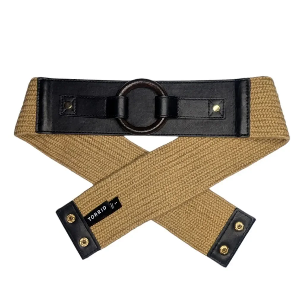 Women's NWOT Torrid Black Faux Leather & Tan Straw Stretch Belt, XL / Torrid 1