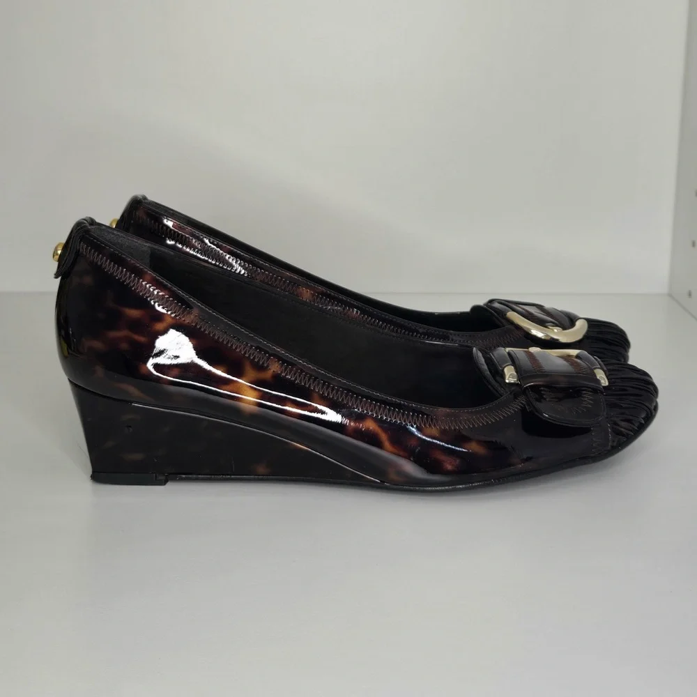 Stuart Weitzman Tortoiseshell Patent Leather Wedge Pumps | Size 7| Made in Spain