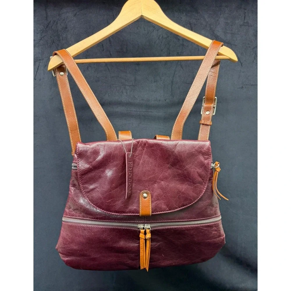 Nino Bossi Burgundy Leather Bookbag Purse Hobo Y2K Travel Bag Backpack Purse