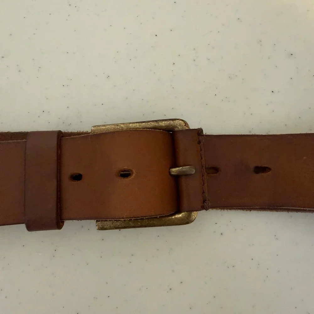 Timberland Mens Leather Belt 40 Brown Rugged Brass Buckle Casual Stitch Detail