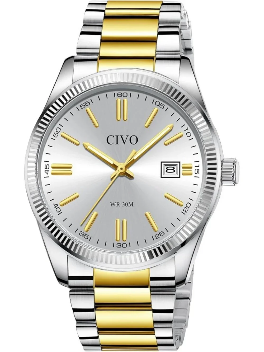 Mens Silver Gold Analog Quartz Skeleton Stainless Steel Round Casual Wrist Watch