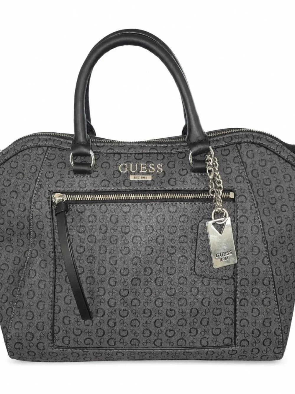 GUESS Satchel Shoulder Bag Gray Black Logo Print Dome Purse