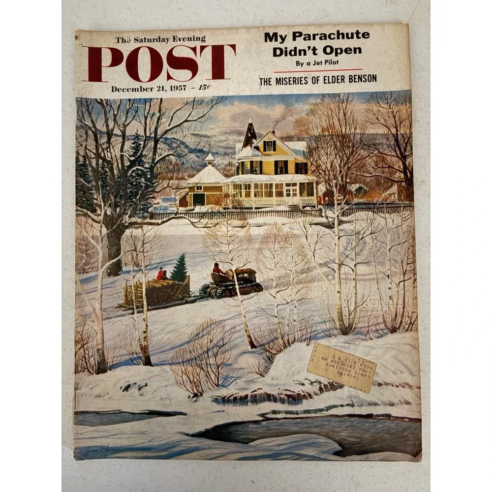 1957 DECEMBER 21, CHRISTMAS SCENE COVER BY JOHN CLYMER SATURDAY EVENING POST ADS