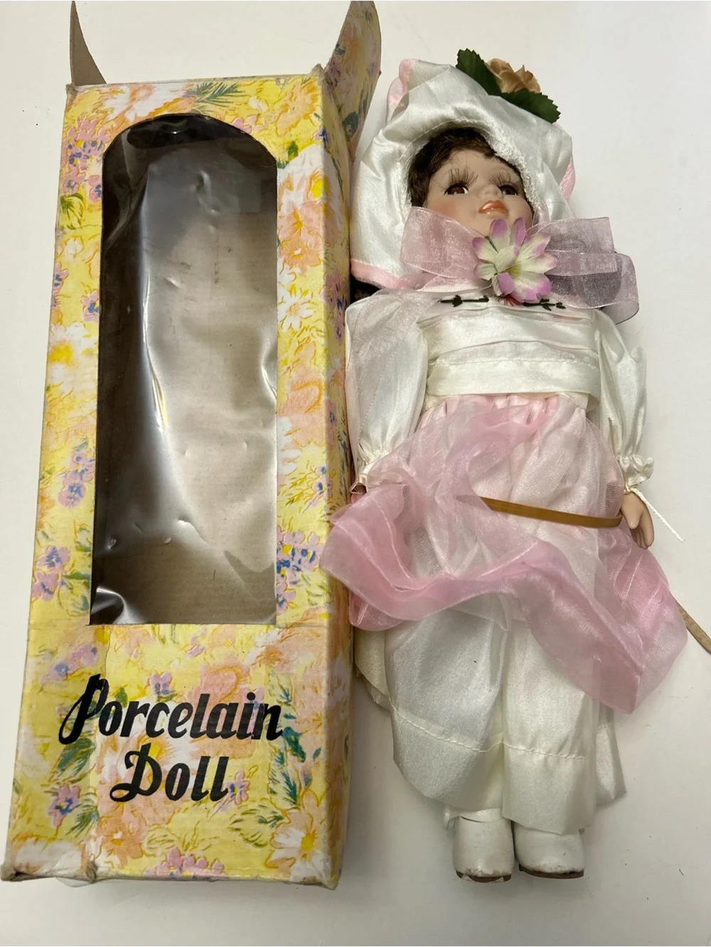 Vintage Imperial Porcelain White and Pink Porcelain Doll with Floral Hat