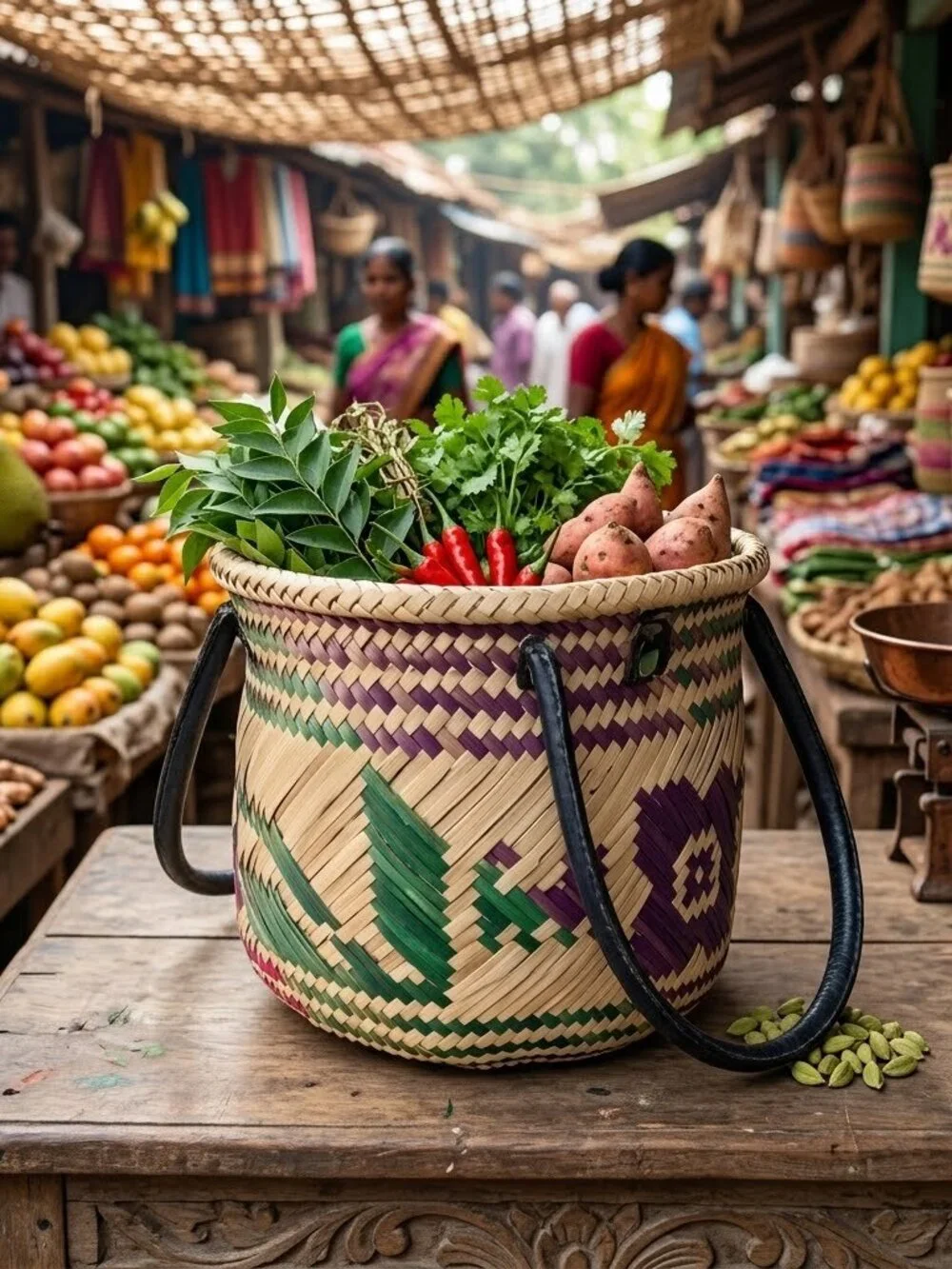 Handmade Mexican Woven Palm Basket Tote Purple Green Boho Market Bag 7