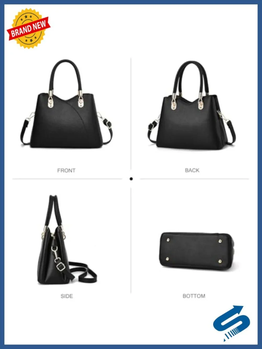 PU Leather Top Handle Tote Bag Women Satchel 3 Compartments Detachable Strap