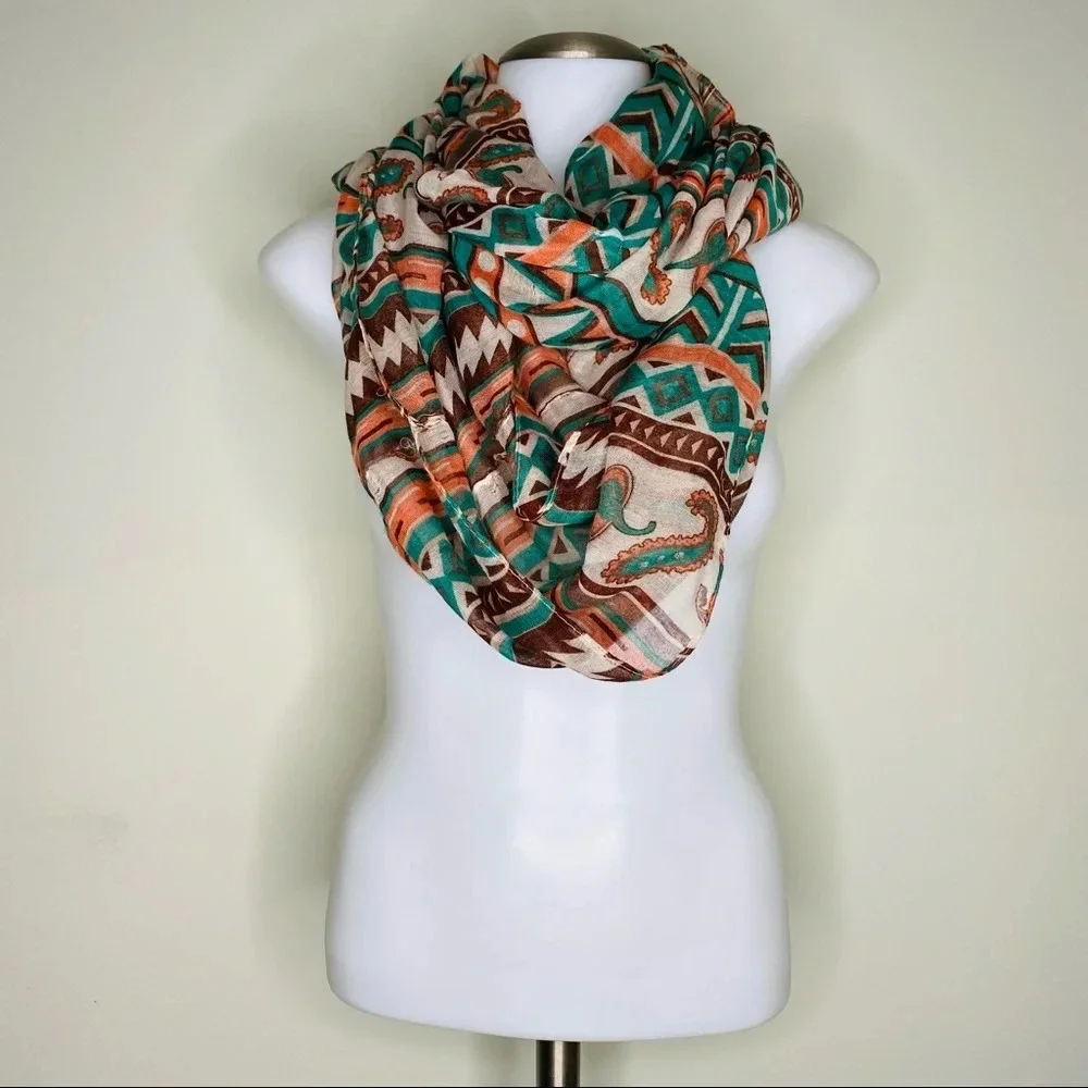 Tan Teal Lightweight Aztec Paisley Geometric Print Infinity Scarf