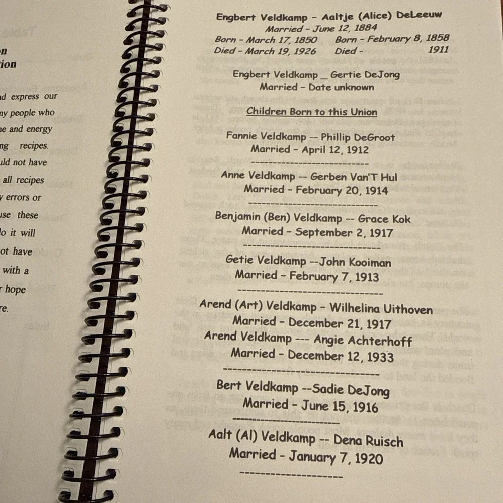 Veldkamp Family Cookbook 1884-2007 Spiral Bound Recipes Iowa Dutch