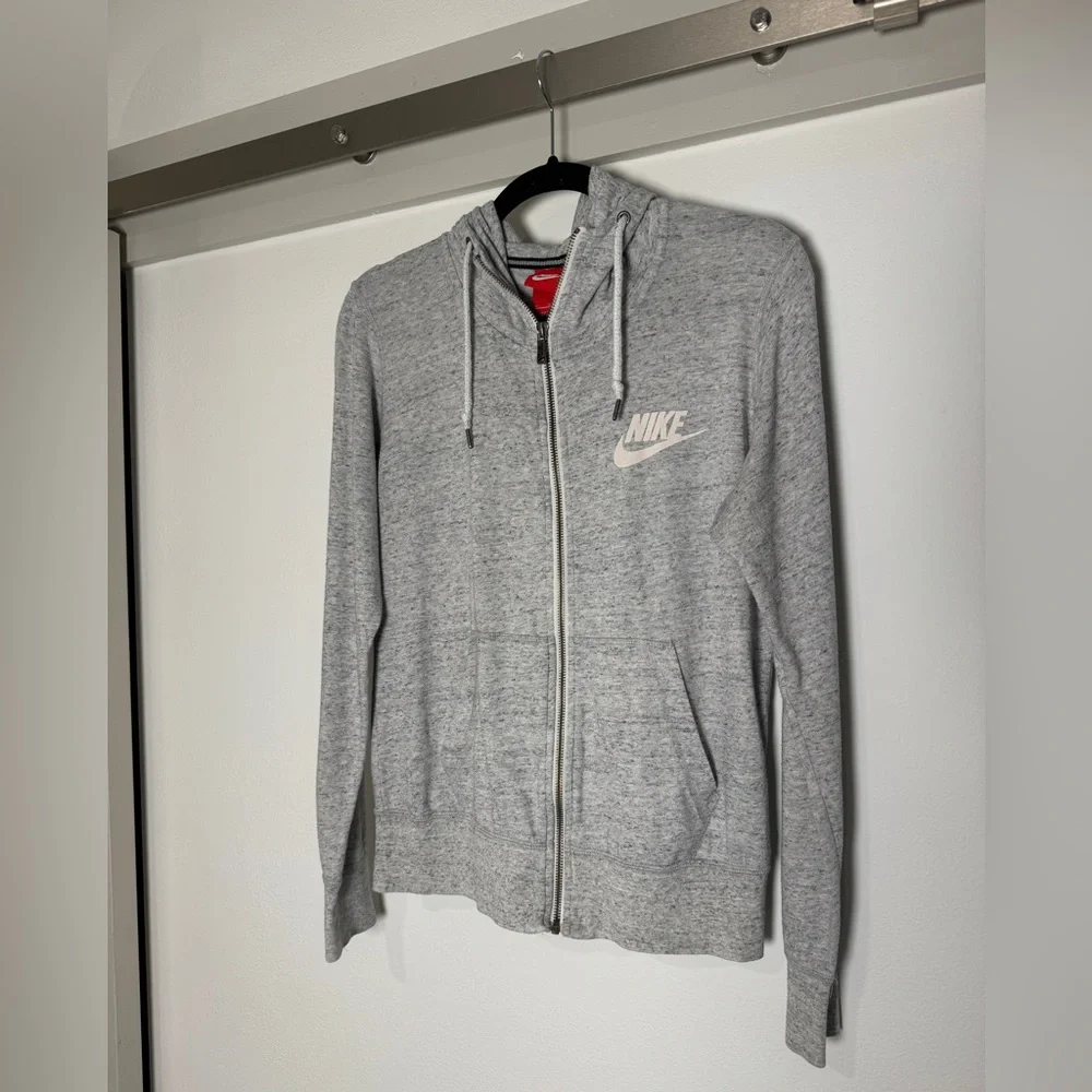 Nike Light Gray Zip Hoodie Sweatshirt with White Logo Medium