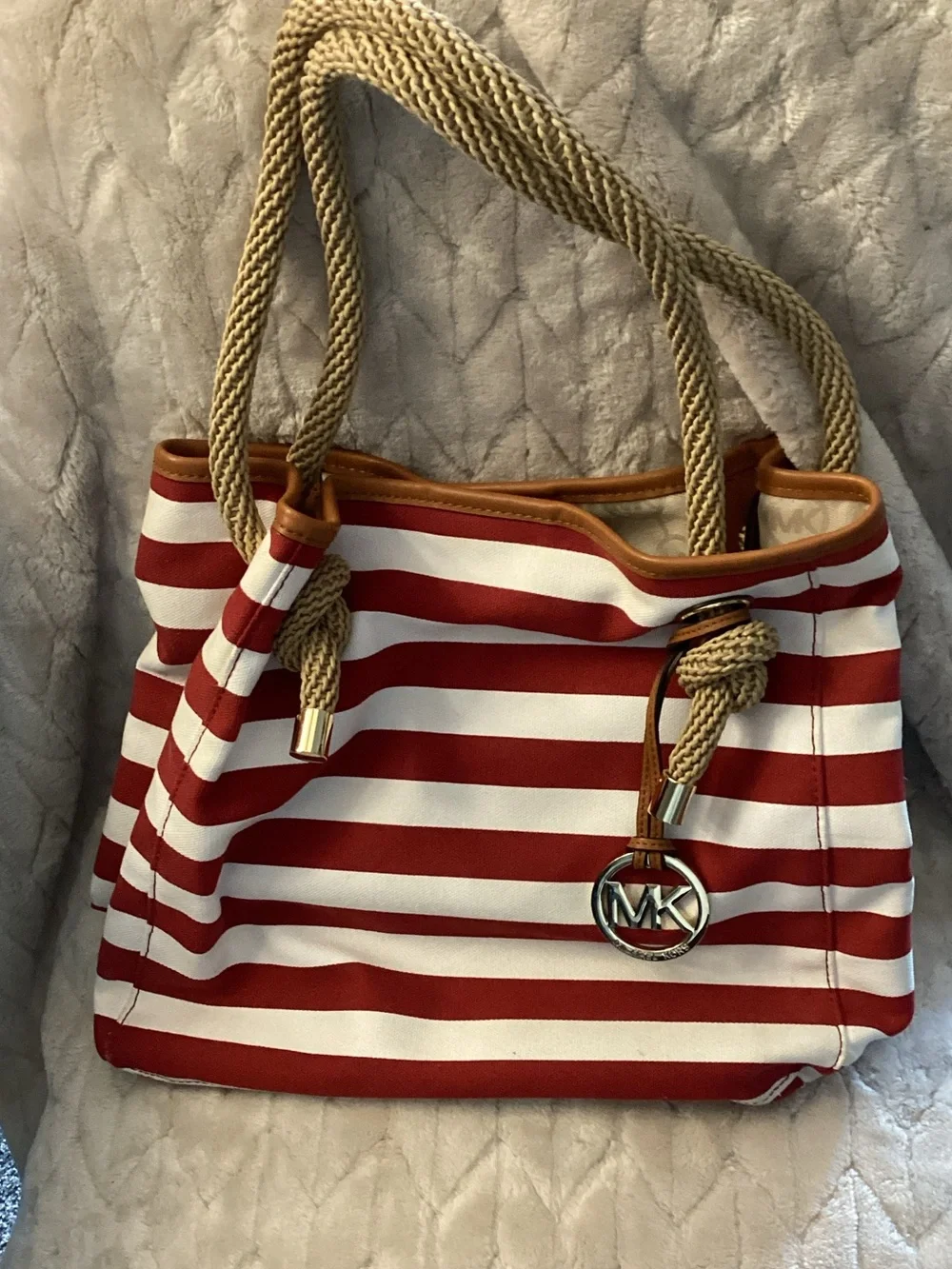 Michael Kors Red and White Striped Rope-Handle Tote