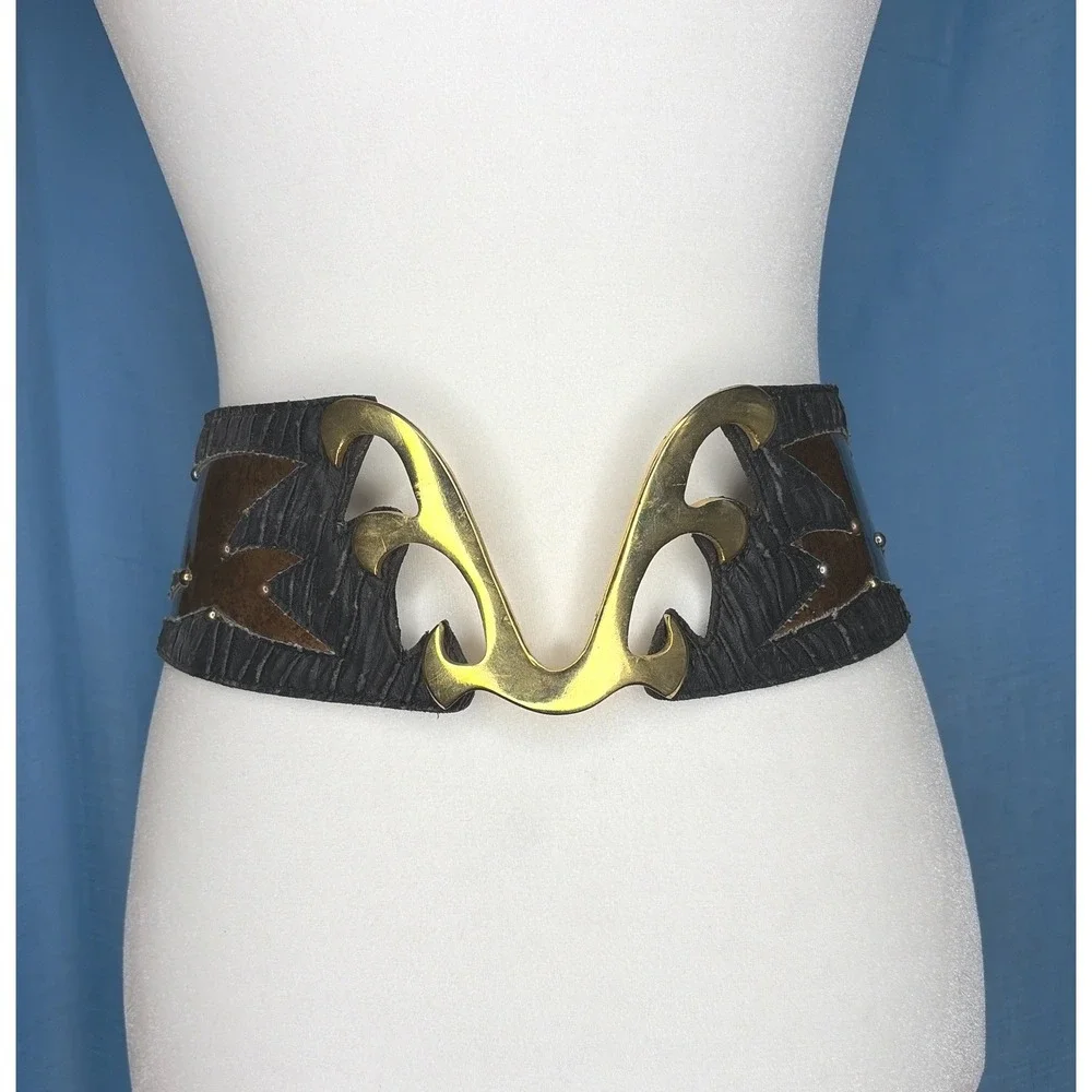 Vintage 80s Wide Black Leather Waist Belt Gold Abstract Buckle Bronze Inlay M