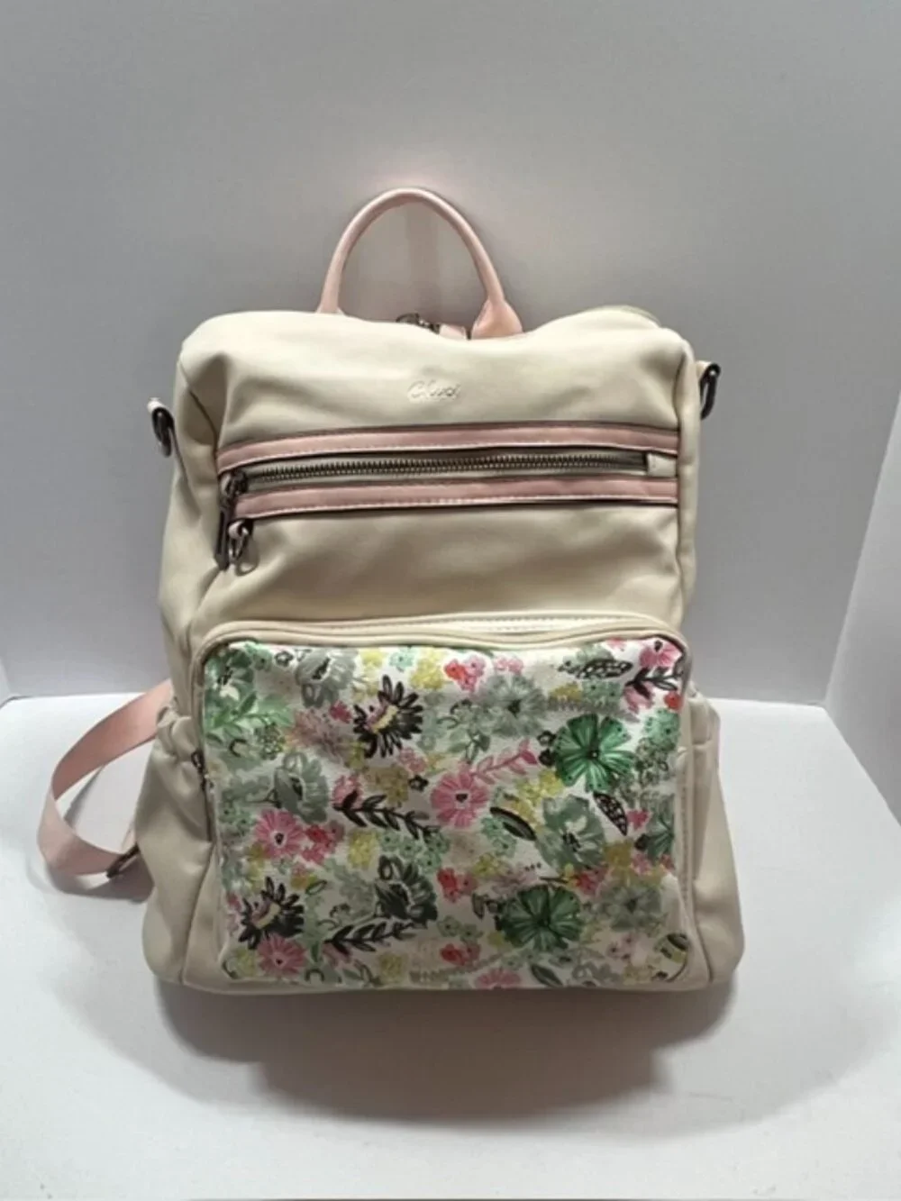 Cluci Cream/Pink w/Floral Front-Pocket Vegan Leather Backpack EUC