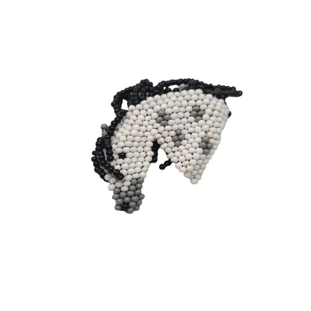 White Gray Black Glass Seed Beaded Horse Head Brooch Pin Vintage