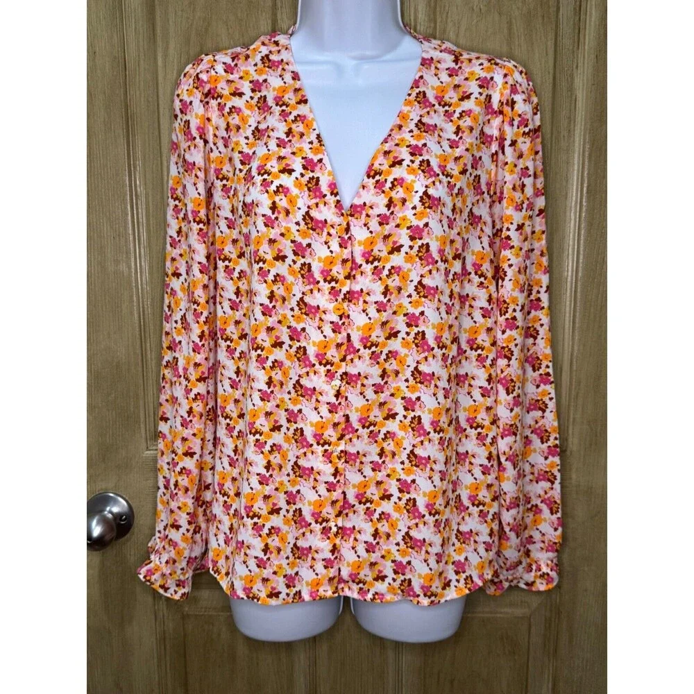 J Crew Women’s Floral All Over Print Multicolor Button Up V Neck Shirt Large