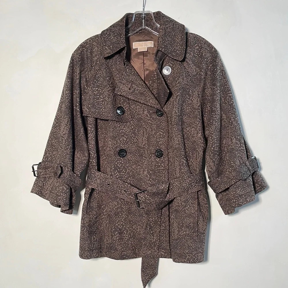MICHAEL KORS Career Reptile Print DBL Breasted 3/4 SLV Cotton Trench Coat SZ M