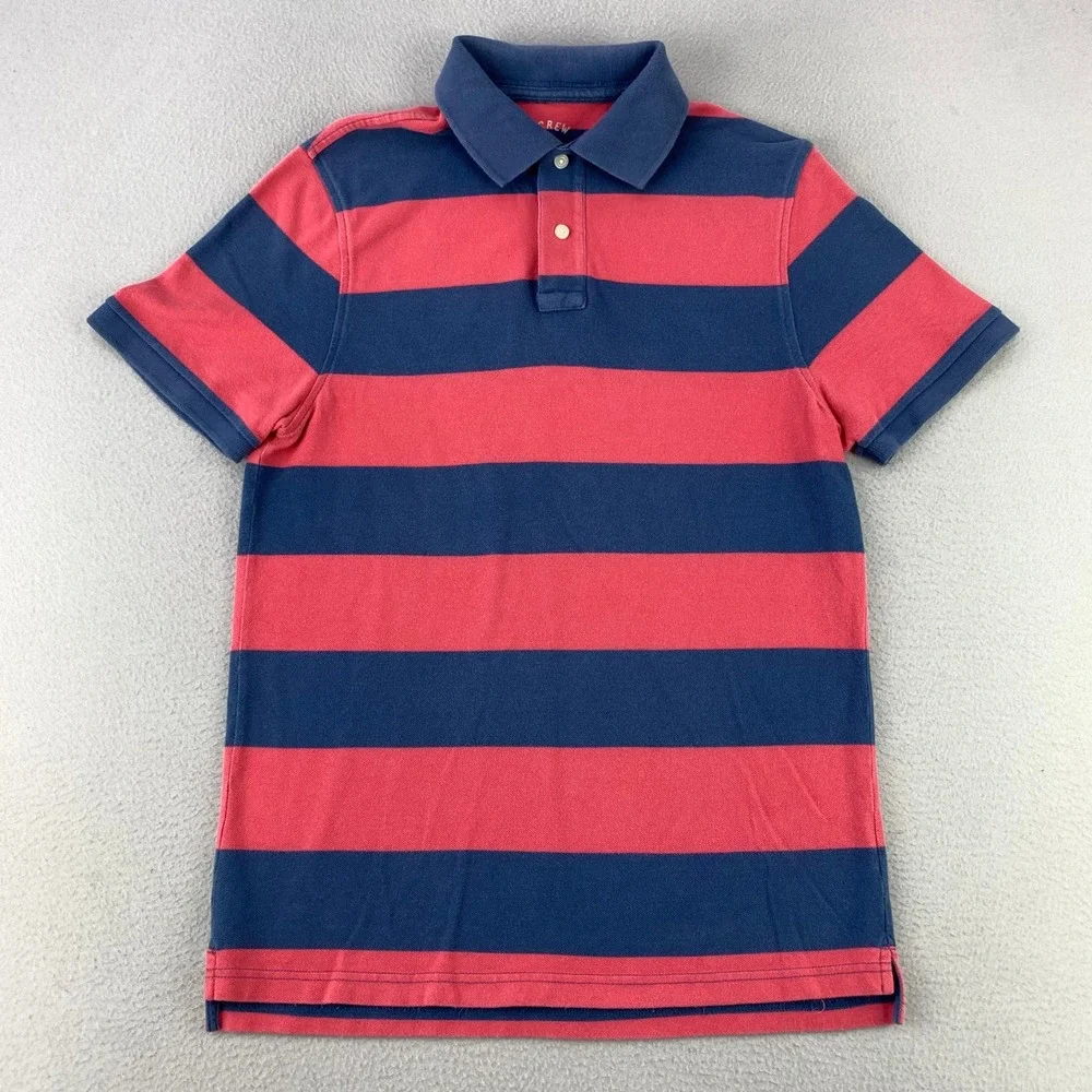 J. Crew Vintage Polo Shirt Mens Medium Blue Pink‎ Faded Striped Short Sleeve Y2K