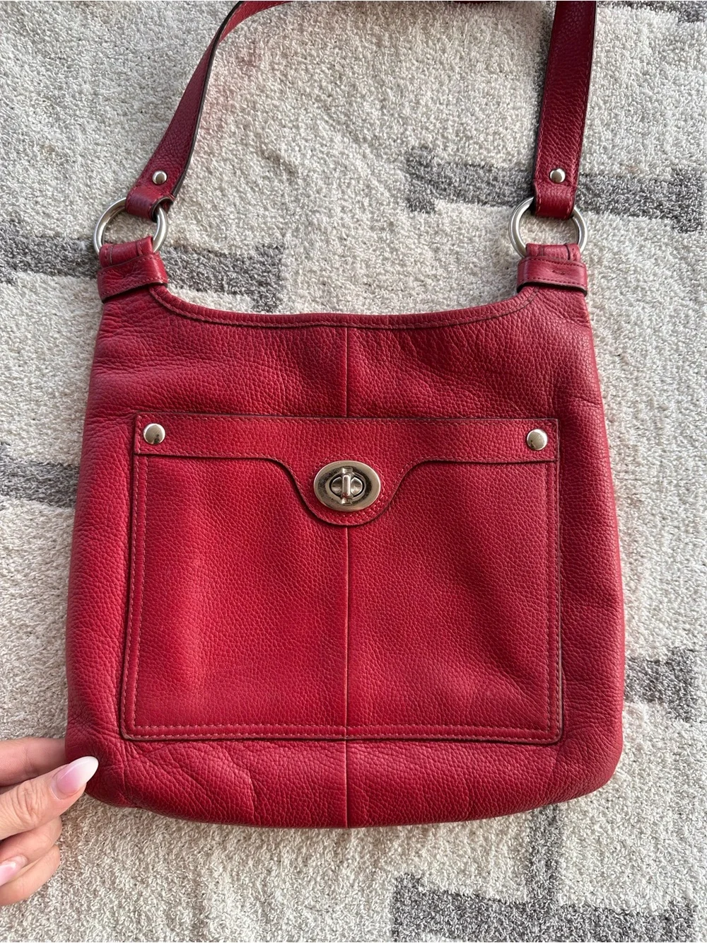 Coach Red Pebbled Leather Shoulder Bag with Turnlock Pocket