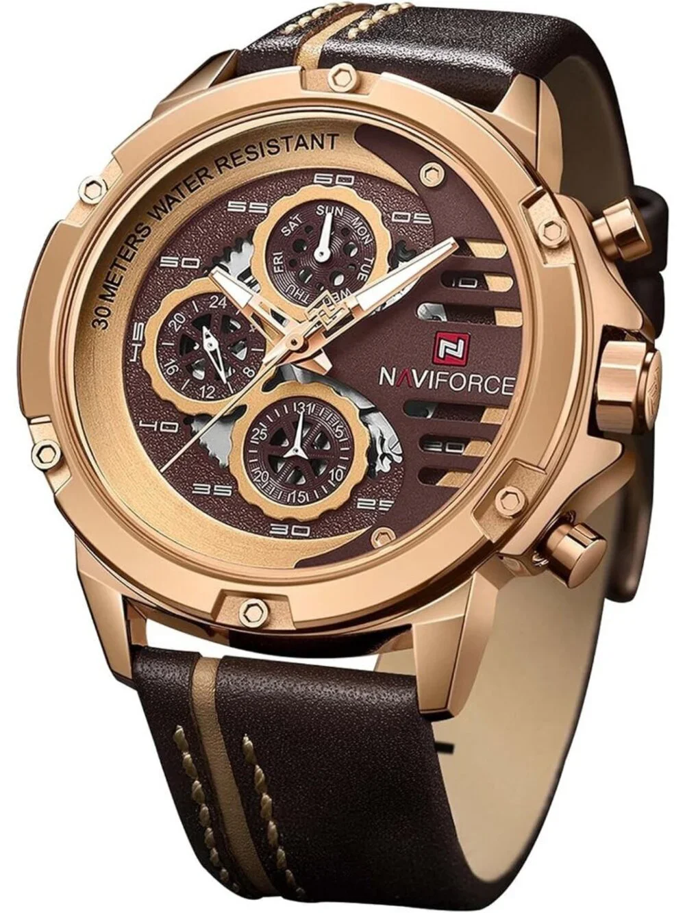 Mens Rose Gold Coffee Brown Analog Leather Band Waterproof Military Wrist Watch