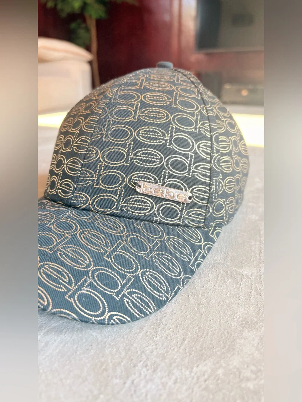 Bebe Women's Baseball Cap Hat Black Gold Monogram Allover Logo Adjustable NWT