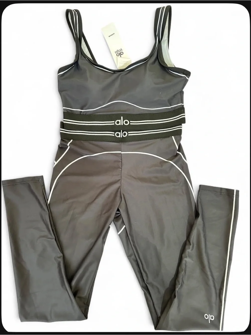 ALO Yoga Charcoal Gray Strappy Jumpsuit with White Piping