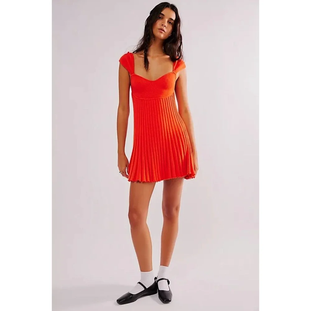 Free People Cherie Mini Dress Orange Ribbed Open Back Fit Flare Size L NWOT